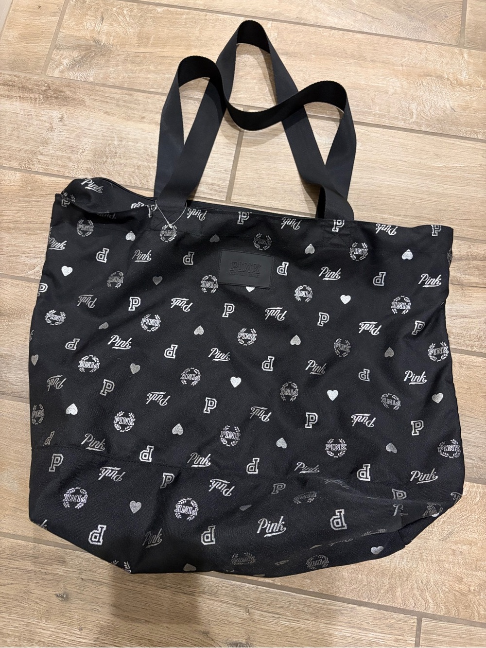 Victoria's Secret PINK all-over silver logo and heart print Yoga tote bag